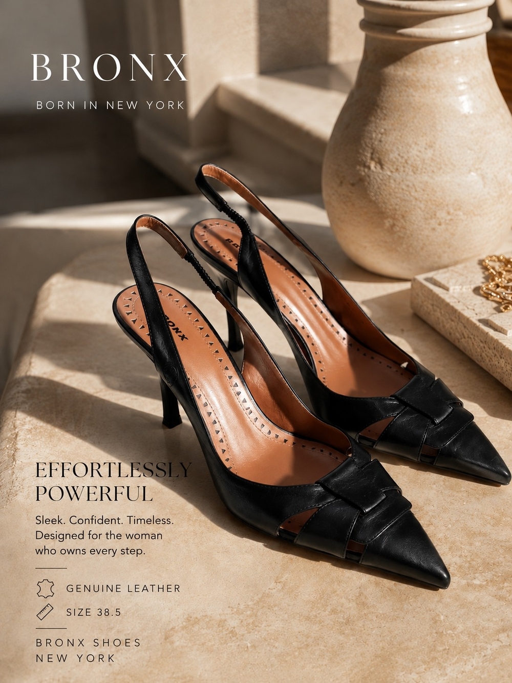 BRONX Black Leather Slingback Pointed Toe Heels